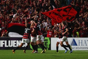 Shinji Ono celebrates with his team after scoring a goal during the A-League Semi Final match between the Western Sydney Wanderers and the Brisbane Roar. Photo / Getty Images