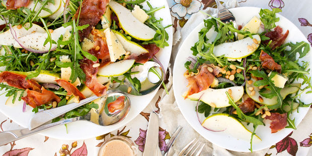 Pear prochuitto and pine nut salad. Photo / Babiche Martens