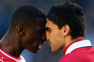 Hannover's Mohammed Abdellaoue, right, and Stuttgart's Antonio Ruediger have a discussion during the German Bundesliga soccer match between Hannover 96 and VfB Stuttgart in Hannover. Photo / AP