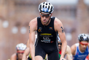 Tony Dodds works hard on the bike in Auckland on Saturday. Photo / Greg Bowker