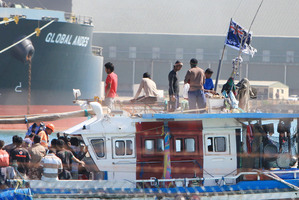 The arrival of the Sri Lankan boat flying a New Zealand flag in Geraldton harbour on Tuesday shocked Australian authorities. Photo / Graeme Gibbons