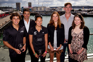 George Muir, guest speaker Terenzo Bozzone, Tyla Nathan-Wong, Sophie Williamson, Cameron Webster and Mary Fisher. Photo / Dean Purcell