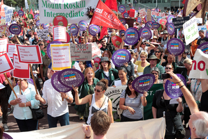 Marchers gather in downtown Auckland to protest against charter schools. Photo / Doug Sherring
