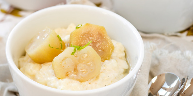 Rice pudding with caramelised feijoas. Photo / Babiche Martens