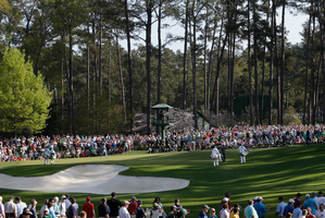 Even practice rounds are drawing big crowds as Masters fever grows. Photo / AP