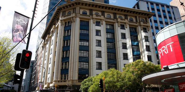 The Harcourts Building on the corner of Lambton Quay and Grey Street, Wellington. Once valued at $22m, now $10m with few tenants due to its lack of seismic strengthening. Photo / Mark Mitchell