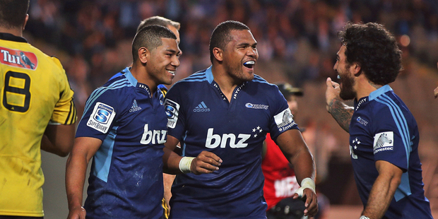 Charles Piutau of the Blues celebrates after scoring a try against the Hurricanes. Photo /Getty Images