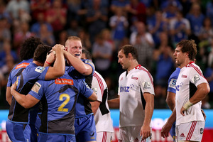 Force players celebrate their victory over the Crusaders following a farcical finish in Perth. Photo / Getty Images