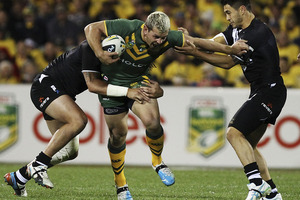 Greg Bird of the Kangaroos is tackled during the ANZAC Test match between the Australian Kangaroos and the New Zealand Kiwis. Photo / Getty Images.