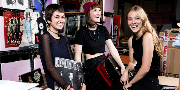 Grrlfriendz band; Toyah Webb, Sophia Lawler-Dormer and Annabel Liddell, in the Real Groovy basement. Photo / NZH