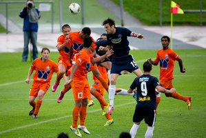 Auckland City's Ivan Vicelich tries to head the ball into the goal during the match against AS Dragon. Photo / Dean Purcell