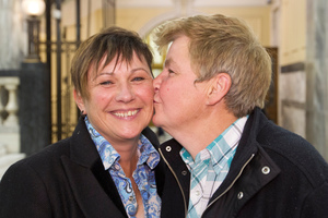 Donna Luxton and Linda Topp celebrate the final reading of the Marriage Amendment Bill at Parliament. Photo / Mark Mitchell