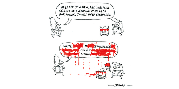 National's laissez-faire stance on power prices has left New Zealanders trapped like laboratory mice in a hopelessly flawed neo-liberal experiment. Cartoon / Guy Body