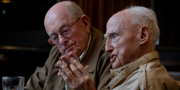 World War II veterans Eric Wilson (left) and Wattie McEwan, both 94, feature in a documentary which will screen on Anzac Day. Photo / Sarah Ivey
