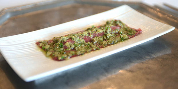Entree 'Beef on toast with pate' at Kauri Cliffs resort near Kerikeri. Photo / Grant Triplow