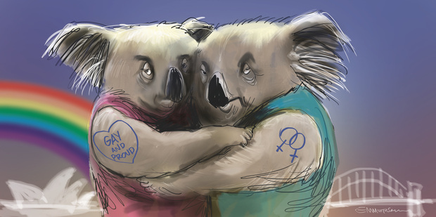 Till Oz can tick the racial, ethnic & religious tolerance boxes, I suspect Maurice Williamson's rainbow won't be spanning the Tasman too soon. Illustration / Rod Emmerson