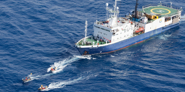 Inflatables with activists in front of the oil survey ship Orient Explorer disrupt the seismic testing by Brazilian oil giant Petrobras. Photo / Dave Lashlie