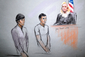 Friends of the Boston bombers, Dias Kadyrbayev, left, and Azamat Tazhayakov appearing in front of Federal Magistrate Marianne Bowler. Image / AP