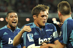 Jackson Willison of the Blues celebrates after scoring the only try in Brisbane. Photo / Getty Images