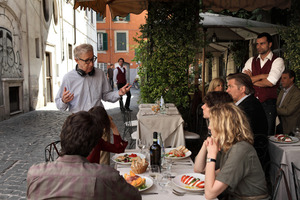 Director Woody Allen, standing left, talking with the cast during the filming of To Rome With Love. Photo / AP