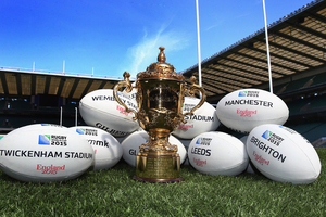 The Webb Ellis Cup sits on the pitch with rugby balls showing the venues which will be used in the England 2015 Rugby World Cup. Photo / Getty Images