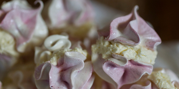 Rosewater and raspberry meringue kisses. Photo / Michael Craig