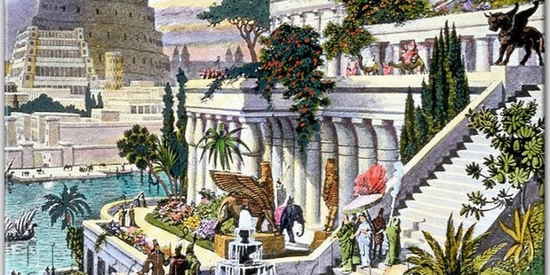 A hand-coloured engraving depicting the fabled Hanging Gardens of Babylon, one of the Seven Wonders of the Ancient World. Image / Supplied