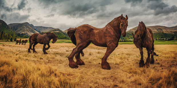 The iron horses are designed to fit into the landscape at Sir Michael Hill's Central Otago golf course. Photo / Trey Ratcliff