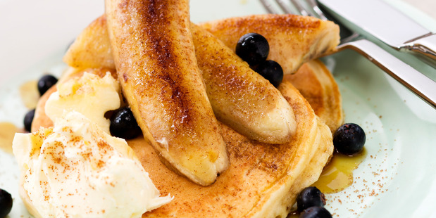 Buttermilk hotcakes with fried bananas and mascarpone. Photo / Babiche Martens