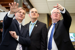 Minister of Finance Bill English, Minister for State Owned Enterprises Tony Ryall and NZX CEO Tim Bennett. Photo / Getty Images
