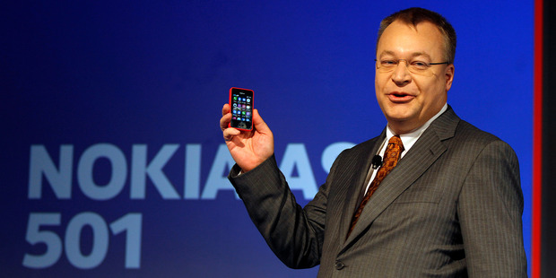 Nokia Chief Executive Officer Stephen Elop displays a Nokia Asha 501 smartphone during its launch in New Delhi, India. Photo / AP