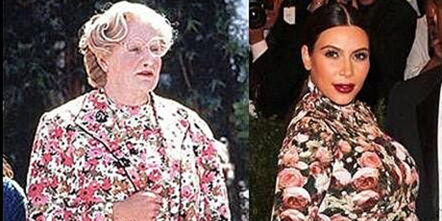 Robin Williams in Mrs Doubtfire and Kim Kardashian at the Met gala benefit.