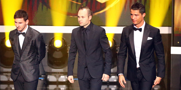 Lionel Messi of Barcelona, Andres Iniesta of Barcelona and Cristiano Ronaldo of Real Madrid enter the stage during the FIFA Ballon d'Or Gala 2013. Photo / Getty Images.