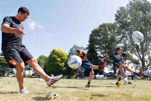 Dan Carter says he pushed (from left) Joshua Cane, 10, Logan Karauria, 12, and Flynn Fierro, 11, hard during the 90-minute session. Photo / Christine Cornege