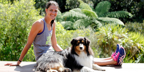 Harrison credits her dog Webster for motivating her to get out and pound the pavement more than ever before. Photo / Michael Craig