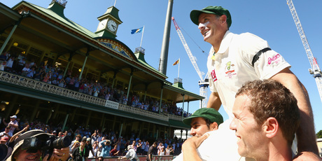 Much loved Australian Michael Hussey is chaired off the SCG pitch. Photo / Getty Images