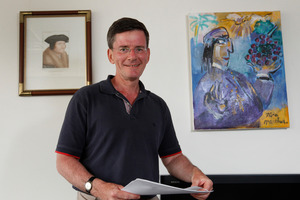 Arts Minister Chris Finlayson with one of his favourites Bishop Pompallier, by Piera McArthur (right).