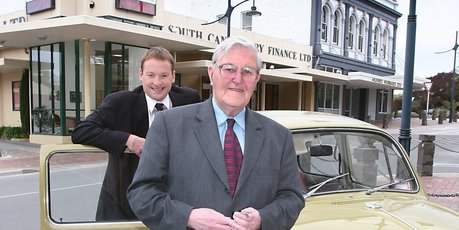 Former South Canterbury Finance chief executive Lachie McLeod and the late Allan Hubbard, whose case won't be heard until May. Photo / Supplied