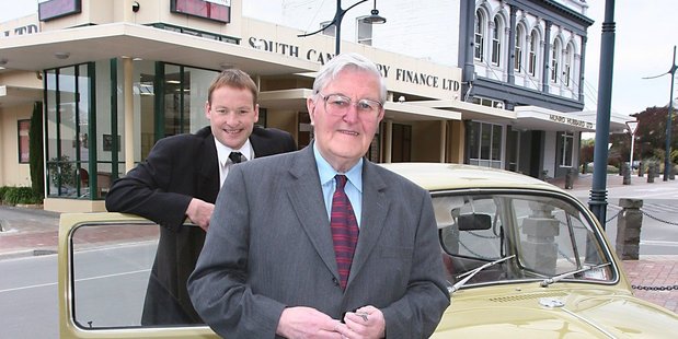 Former South Canterbury Finance chief executive Lachie McLeod and the late Allan Hubbard, whose case won't be heard until May. Photo / Supplied