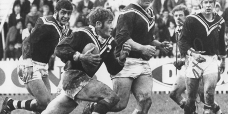 Tony Kriletich breaks in the 1971 test against Australia with Eddie Heatley and Robert Orchard in support. Photo / Supplied