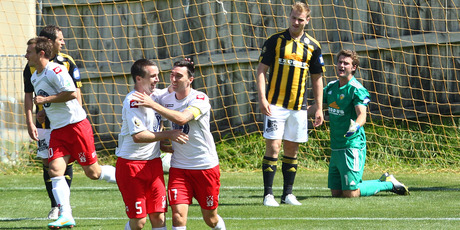 Waitakere's Jake Butler and Brian Shelley celebrate. Photo / Photosport