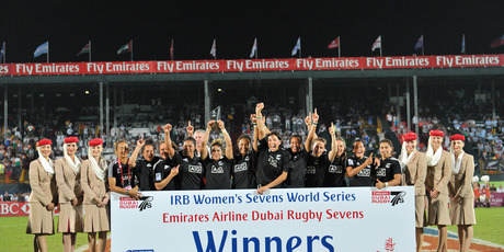 New Zealand Women's team celebrate after winning the IRB Women's Sevens World Series at the Emirates Airline Dubai Rugby Sevens held at 'The Sevens', Dubai, UAE. Photo / Stephen Hindley/Photosport.co.nz