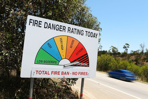 A fire danger sign on the Hume Highway outside of Marulan, Australia. Photo / Brendon Thorne
