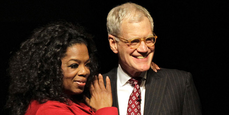 David Letterman and Oprah after their interview at Ball State University in Muncie. Photo/AP