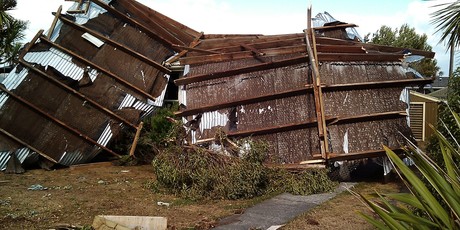 A shed blown up against Mr Ray Kealls home on Beach Road Kaikoura. Photo / Gerald Day