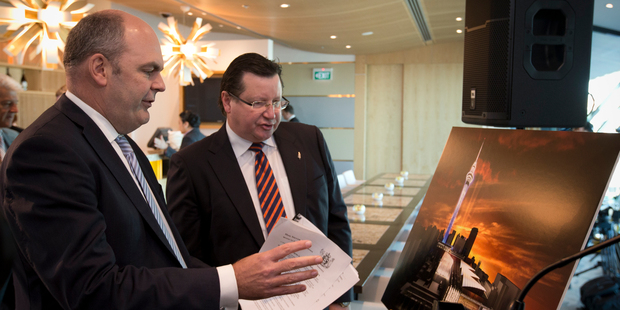 Steven Joyce (left) and Nigel Morrison were at a briefing to announce the convention centre deal. Photo / Greg Bowker