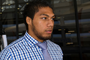 Auckland Blues George Moala leaves Auckland District Court after the call over for an alleged assault. Photo / Greg Bowker