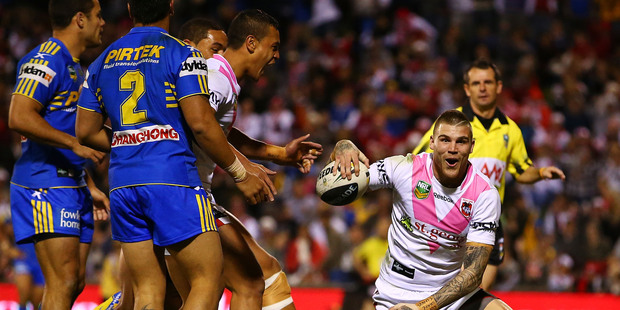 Josh Dugan shows his delight after scoring his first try for the Dragons who beat hapless Parramatta last night. Photo / Getty Images