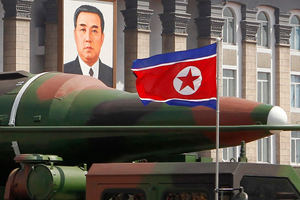 File photo of what appears to be a new missile is carried during a mass military parade at the Kim Il Sung Square in Pyongyang, North Korea. Photo / AP