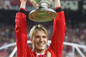 David Beckham celebrates Man U's defeat of Bayern Munich in 1999. Photo / AP
